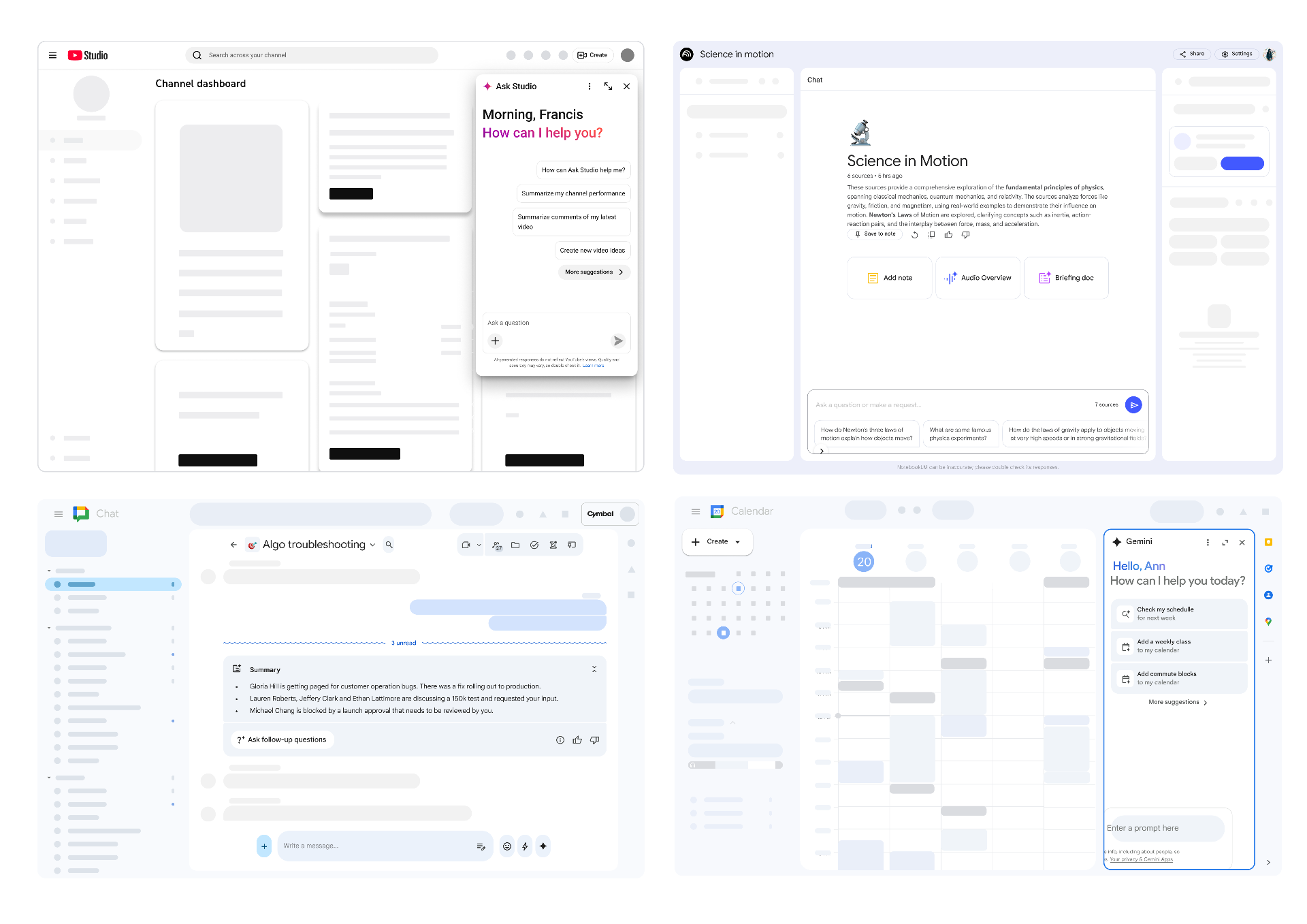 Collage of Google AI patterns including YouTube recommendations, Google Docs inline suggestions, and Search AI Overviews.